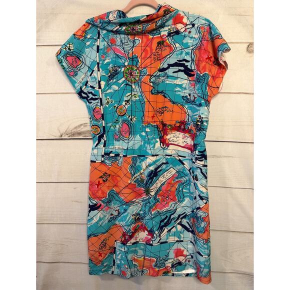 Lilly Pulitzer Size SM Short Sleeve Dress Map Compass Print Cowl Neck 100% Silk - Picture 2 of 7